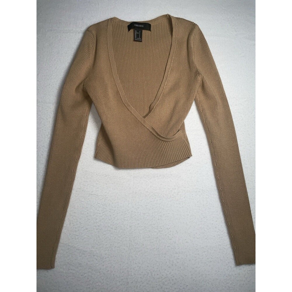 Forever 21 Small S Blouse Women’s Knit Ribbed Cropped Crossover Top Light Brown